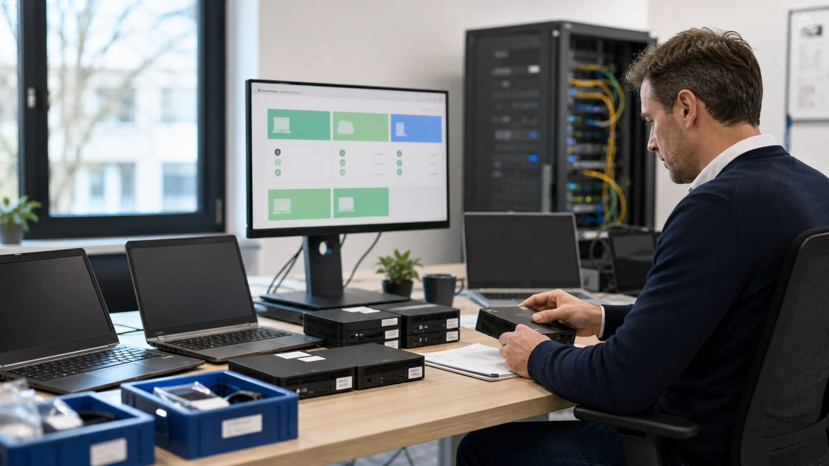 Responsable informatique devant un parc de postes inventoriés